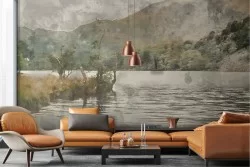 Wallpaper illustration of a vintage lake with mountains