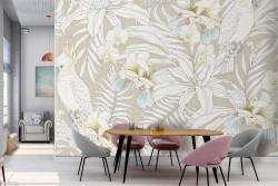 Wallpaper with white flowers and tropical nature parrots