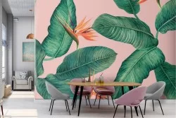 Modern nature wallpaper with tropical flowers and leaves