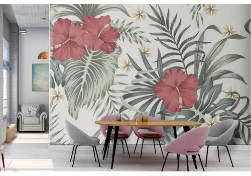 Carta da Parati fiori rossi e foglie tropicali natura 2