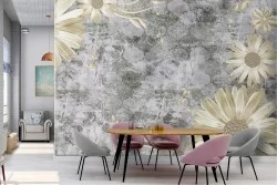 White flowers wallpaper on vintage concrete surface