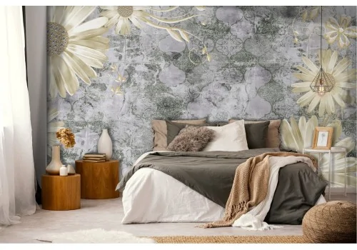 White flowers wallpaper vintage concrete surface