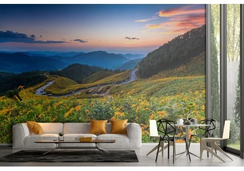 Wallpaper landscape hills with flowers