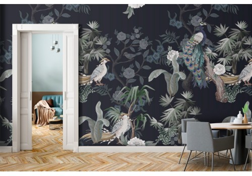 Flora and fauna wallpaper with flowers and birds pattern.