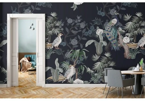 Wallpaper flora and fauna flowers birds pattern.
