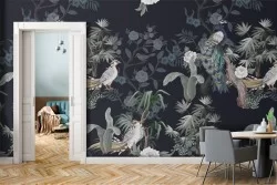 Flora and fauna wallpaper with flowers and birds pattern.
