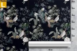Flora and fauna wallpaper with flowers and birds pattern.