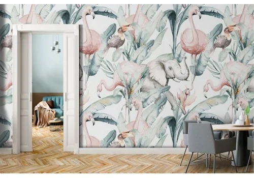 Wallpaper with tropical leaves and animals nature pattern.