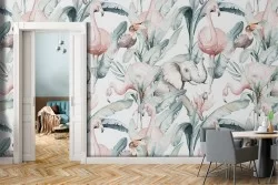 Wallpaper with tropical leaves and animals nature pattern.