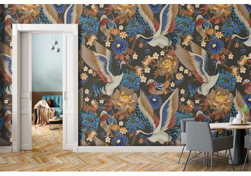 Vintage nature wallpaper with birds and flowers.