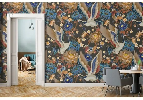 Vintage nature wallpaper with birds and flowers.