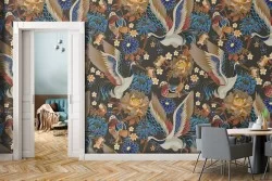 Vintage nature wallpaper with birds and flowers.