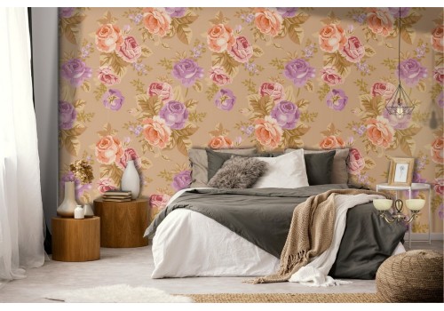 Vintage nature wallpaper with pink and purple flowers.