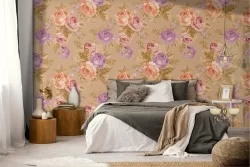 Vintage nature wallpaper with pink and purple flowers.