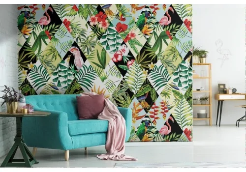 Modern wallpaper with tropical leaves and geometries.
