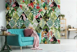 Carta da Parati moderna foglie tropicali e geometrie.