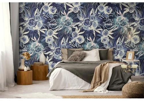 Vintage stylized blue flowers wallpaper nature pattern.
