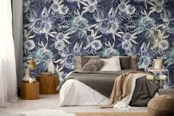 Vintage stylized blue flowers wallpaper nature pattern.