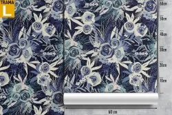 Carta da Parati fiori vintage stilizzati blu natura pattern.