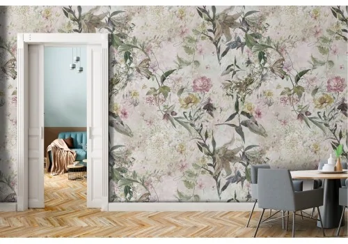 Pink flowers and vintage nature leaves wallpaper.