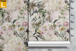 Carta da Parati fiori rosa e foglie natura vintage.