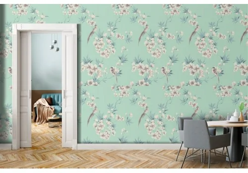 Refined vintage wallpaper with white flowers nature.