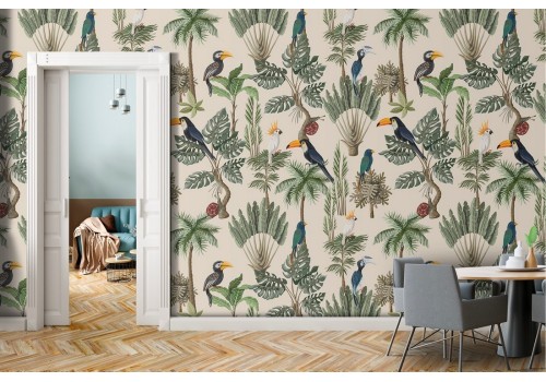 Wallpaper with tropical leaves and birds vintage nature pattern.