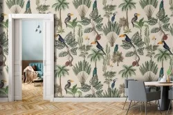 Wallpaper with tropical leaves and birds vintage nature pattern.