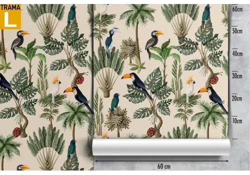 Wallpaper with tropical leaves and birds vintage nature pattern. 2