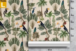 Wallpaper with tropical leaves and birds vintage nature pattern.