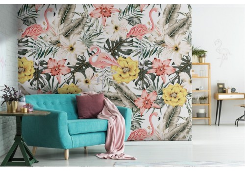 Wallpaper with tropical flowers, leaves and animals in a vintage pattern.