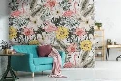Carta da Parati fiori foglie e animali tropicali pattern vintage.
