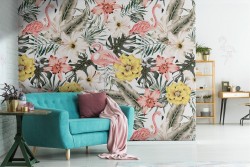 Wallpaper with tropical flowers, leaves and animals in a vintage pattern.