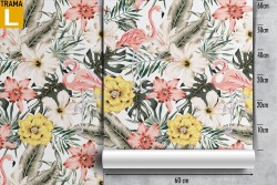 Wallpaper with tropical flowers, leaves and animals in a vintage pattern.