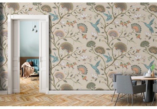 Vintage flower and bird pattern wallpaper.