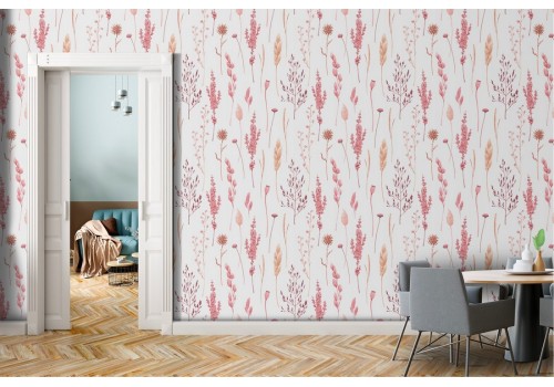 Wallpaper with stylized leaves, vintage nature pattern in pink.