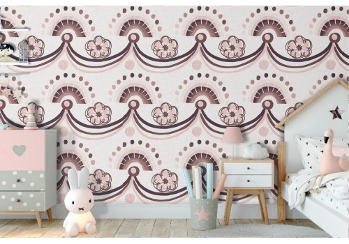 Flowers and pink rainbows wallpaper for children's room.