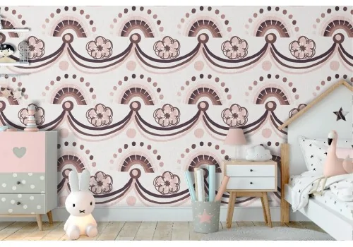 Flower and pink rainbow wallpaper for children's room.