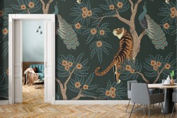 Wallpaper with vintage pattern of animals and tropical forest.
