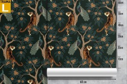 Wallpaper with vintage pattern of animals and tropical forest.