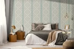 Vintage wallpaper decoration with green stripes and damask.