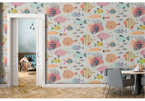 Carta da Parati pesciolini natura tropicale moderna.