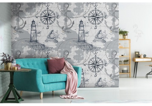 Wallpaper marine lighthouse pattern decoration.