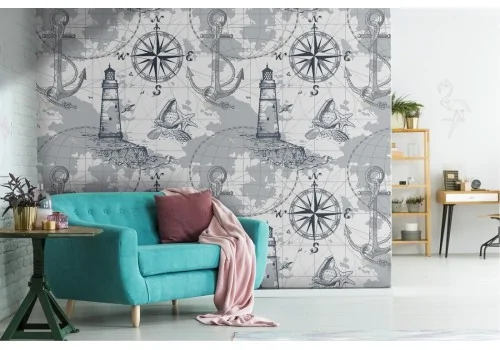 Wallpaper marine lighthouse pattern decoration.