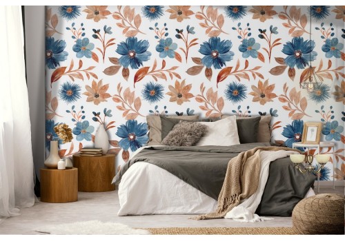 Vintage floral wallpaper and blue brown autumn leaves.