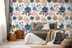 Carta da Parati fiori vintage e foglie autunno blu marrone.