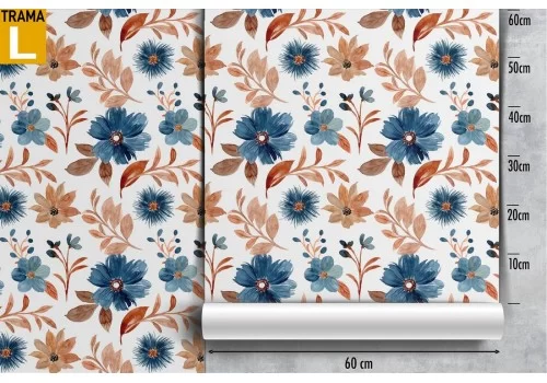 Carta da Parati fiori vintage e foglie autunno blu marrone. 2