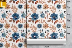 Vintage floral wallpaper and blue brown autumn leaves.