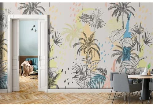 Carta da Parati palme tropicali stilizzate pattern moderno.