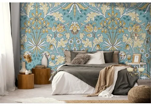 Wallpaper with leaves and vintage damask decoration pattern.